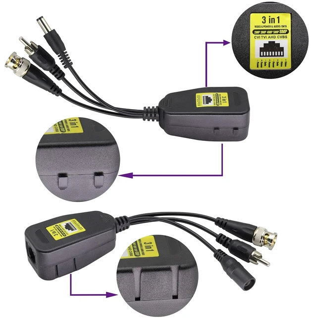 Alt view image 6 of 7 - BNC to RJ45 Transmitter Transceiver DC Power Passive Audio Video Balun HD-CVI/TVI/AHD/CVBS with DC Jack for 720P-1080P 3MP 4MP 5MP 8MP CCTV Security DVR Surveillance Camera System(19cm/4Pairs)