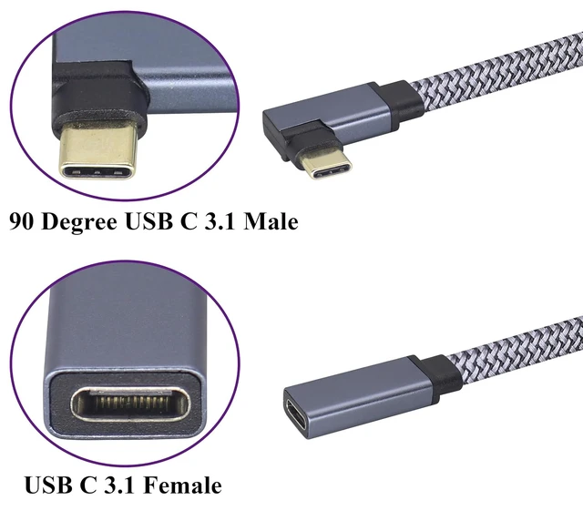 Alt view image 3 of 7 - Flat Right Angled USB Type C 3.1 Connector Braided Cable 60W&3A 90 Degree Type C 3.1 USB Male to Female Wire Supports Charging,Data,Audio,Video Cable for Laptop&Tablet&Mobile Phone.(1M-M/F)