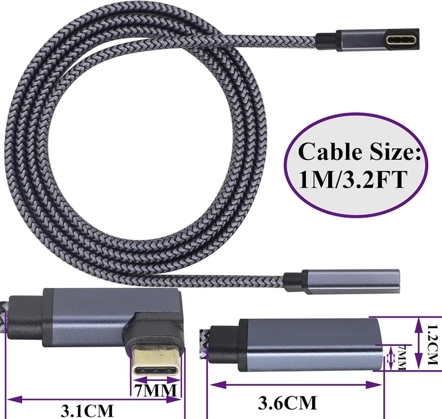 Alt view image 2 of 7 - Flat Right Angled USB Type C 3.1 Connector Braided Cable 60W&3A 90 Degree Type C 3.1 USB Male to Female Wire Supports Charging,Data,Audio,Video Cable for Laptop&Tablet&Mobile Phone.(1M-M/F)
