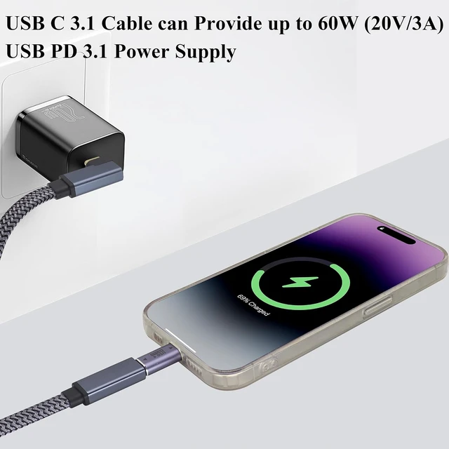 Alt view image 4 of 7 - Flat Right Angled USB Type C 3.1 Connector Braided Cable 60W&3A 90 Degree Type C 3.1 USB Male to Female Wire Supports Charging,Data,Audio,Video Cable for Laptop&Tablet&Mobile Phone.(1M-M/F)