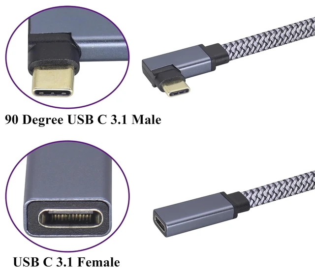 Alt view image 3 of 7 - 2Pack Right&Left Angled USB Type C 3.1 Flat Braided Cable 10Gbps 90 Degree USB C 3.1 Male to USB 3.1 C Female 4K Video Cable for New MacBook Pro 2017, USB-C Hub, Laptop&Mobile Phone(0.6M-M/F)