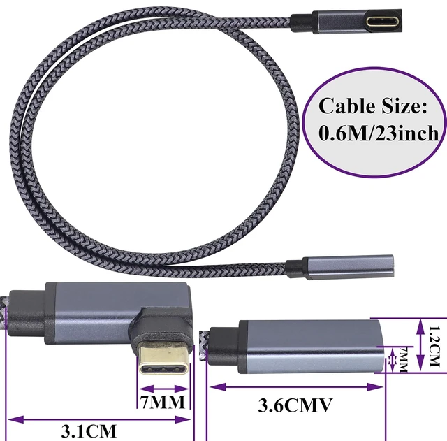 Alt view image 2 of 7 - 2Pack Right&Left Angled USB Type C 3.1 Flat Braided Cable 10Gbps 90 Degree USB C 3.1 Male to USB 3.1 C Female 4K Video Cable for New MacBook Pro 2017, USB-C Hub, Laptop&Mobile Phone(0.6M-M/F)