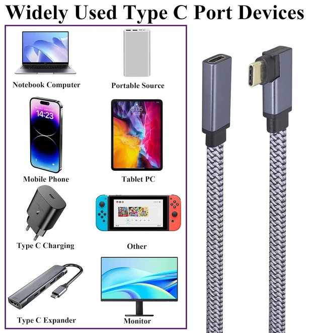 Alt view image 7 of 7 - Flat Short 90 Degree USB 3.1 Type C Cable Right&Left Angle PD 3.1Type C Male to Female Cable Fast Charging USB C Electric Wire Compatible for Samsung MacBook&More USB-C Devices(0.3M-M/F)