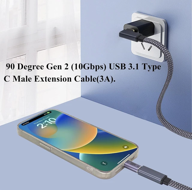 Alt view image 7 of 7 - 2Pack Right&Left Angled USB Type C 3.1 Flat Braided Cable 10Gbps 90 Degree USB C 3.1 Male to USB 3.1 C Female 4K Video Cable for New MacBook Pro 2017, USB-C Hub, Laptop&Mobile Phone(0.6M-M/F)