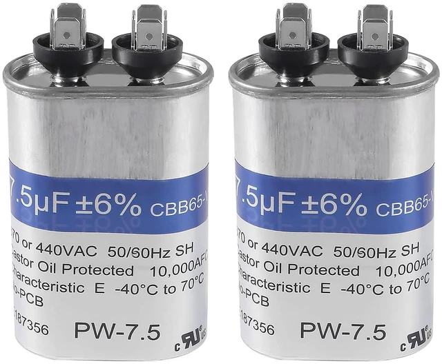 Main image of 2 Pack 7.5 uF ±6% 7.5 MFD 370V/440V CBB65 Oval Run Start Capacitor for AC Motor Run or Fan Start and Cool or Heat Pump Air Conditione