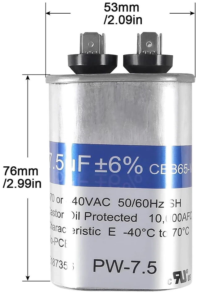 Alt view image 5 of 6 - 2 Pack 7.5 uF ±6% 7.5 MFD 370V/440V CBB65 Oval Run Start Capacitor for AC Motor Run or Fan Start and Cool or Heat Pump Air Conditione