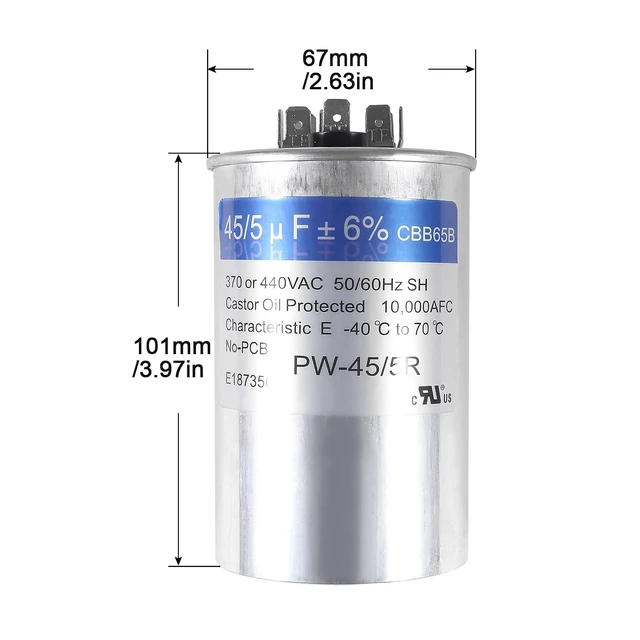 Alt view image 6 of 7 - 2PACK 45+5 uF 45/5 MFD ±6% 370V/440VAC CBB65 Dual Run Circular Start Capacitor for Condenser Straight Cool or Heat Pump Air Conditioner or AC Motor and Fan Starting