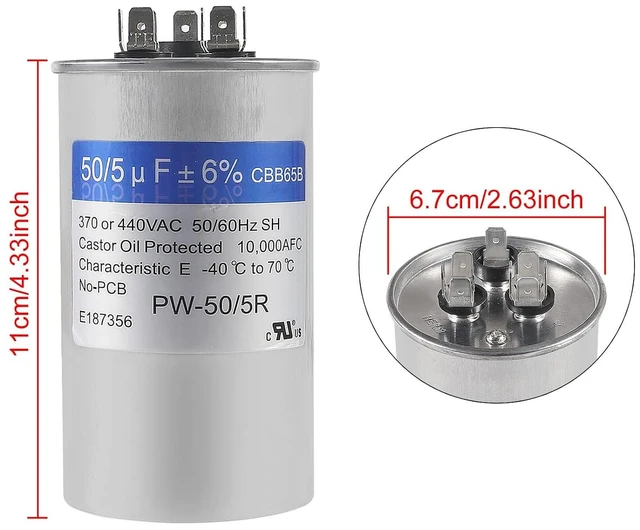 Alt view image 2 of 5 - 2PACK 50+5uF 50/5 MFD ±6% 370V/440V AC CBB65B Capacitor Dual Run Circular Start Capacitor for AC Motor Run or Fan Start or Condenser Straight