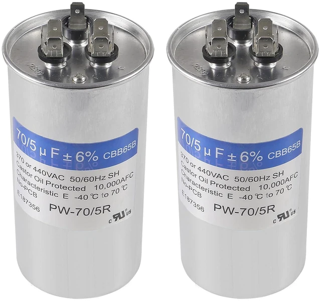Main image of 2PACK 70+5uF 70/5MFD ±6% 370V/440V CBB65 Dual Run Circular Start Capacitor for AC Motor Run or Fan Start or Condenser Straight