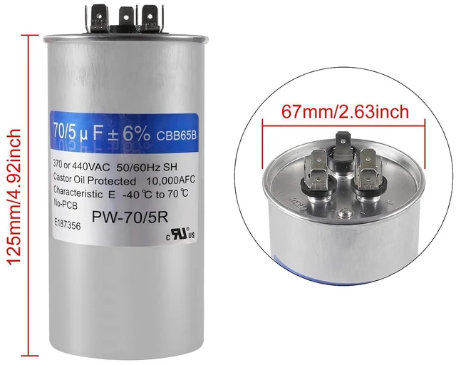 Alt view image 2 of 6 - 2PACK 70+5uF 70/5MFD ±6% 370V/440V CBB65 Dual Run Circular Start Capacitor for AC Motor Run or Fan Start or Condenser Straight