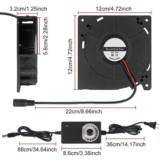 Alt view image 2 of 7 - 1 Set PC Fans 120mm (120mm x 32mm) with Variable Speed Controller 3V to 12V, Axial Computer Fan with AC Plug 110V 120V 220V, Vent Fan for PC Cooler Biltong Box Cabinet Receiver Xbox DVR