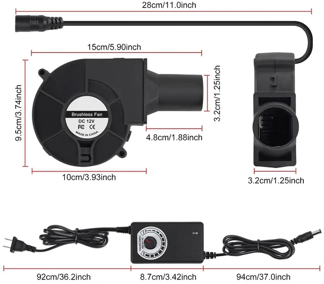 Alt view image 2 of 7 - 97mm x 33mm 9733 12V Dual Ball BBQ Blower Fan Air with 110V - 240V AC Plug Variable Speed Controller for Ventilation,Outdoor Barbecues Fire Bellow, Camping Cooking DIY Cooling Projects
