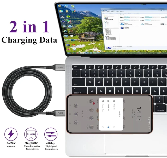 Alt view image 6 of 7 - USB4 Cable 40Gbps Data Transfer USB Type C Male to USB-C Cable (20V, 5A) Charging Supports 5K&60hz or Double 4K Display Thunderbolt 3 Cable for Hub,Apollo,eGpu,MacBook,Dell,Grey(1.2m/4ft)