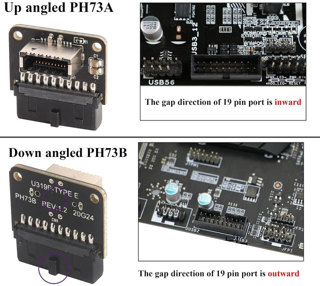 Alt view image 6 of 7 - 1Pack 90 Degree USB 19 Pin to USB3.1 Type-E Front Panel Connector Down-Right Angle Type-E USB 3.1 Female to 19Pin USB 3.0 Female Header Extension Adapter for Computer Motherboard(19Pin/Down)