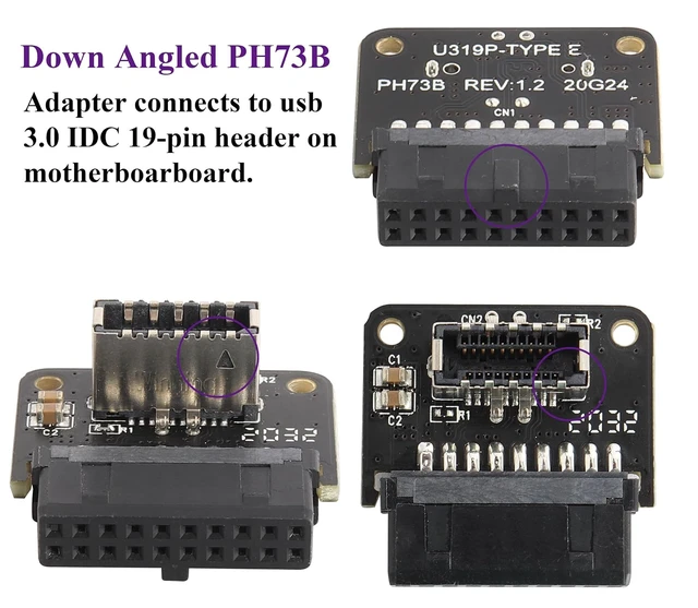Alt view image 5 of 7 - 1Pack 90 Degree USB 19 Pin to USB3.1 Type-E Front Panel Connector Down-Right Angle Type-E USB 3.1 Female to 19Pin USB 3.0 Female Header Extension Adapter for Computer Motherboard(19Pin/Down)