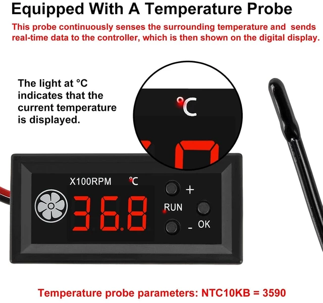 Alt view image 5 of 7 - 2PCS 4-Wire PWM Fan Temperature Controller with Temperature Probe Digital Display Temperature Controlled Governor, Digital Display Temperature Controlled Governor for 3A Fan PC, DC 12V