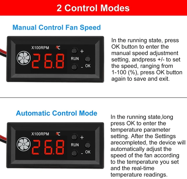 Alt view image 6 of 7 - 2PCS 4-Wire PWM Fan Temperature Controller with Temperature Probe Digital Display Temperature Controlled Governor, Digital Display Temperature Controlled Governor for 3A Fan PC, DC 12V