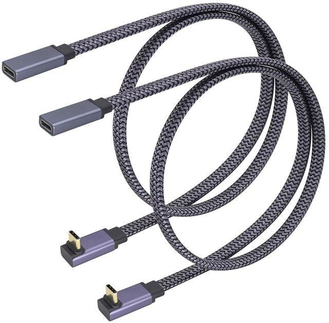 Main image of 2Pack Up&Down Angle USB Type C 3.1 Flat Braided Cable 10Gbps 90 Degree USB C 3.1 Male to USB 3.1 C Female 4K Video Cable for New MacBook Pro 2017, USB-C Hub, Laptop&Mobile Phone(0.6M-M/F)