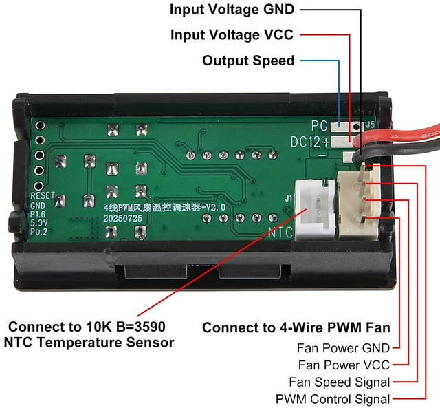 Alt view image 7 of 7 - 2PCS 4-Wire PWM Fan Temperature Controller with Temperature Probe Digital Display Temperature Controlled Governor, Digital Display Temperature Controlled Governor for 3A Fan PC, DC 12V