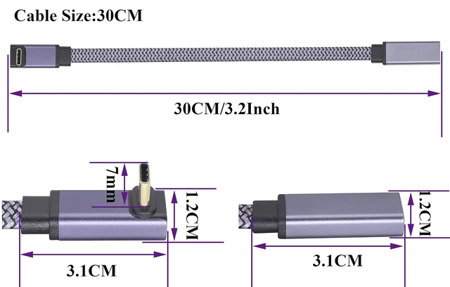 Alt view image 2 of 7 - 2Pack Up&Down Angle Flat Braided USB Type C 3.1 Cable 60W&3A 90 Degree Type C 3.1 USB Male to Female 10Gbps Cable Supports Charging,Data,Audio,Video Cable for Laptop&Mobile Phone.(0.3M-M/F)