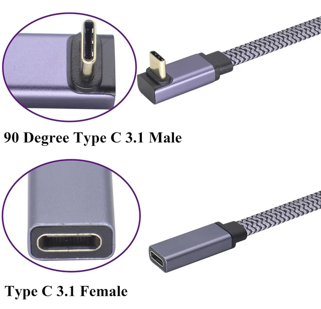 Alt view image 3 of 7 - 2Pack Up&Down Angle Flat Braided USB Type C 3.1 Cable 60W&3A 90 Degree Type C 3.1 USB Male to Female 10Gbps Cable Supports Charging,Data,Audio,Video Cable for Laptop&Mobile Phone.(0.3M-M/F)