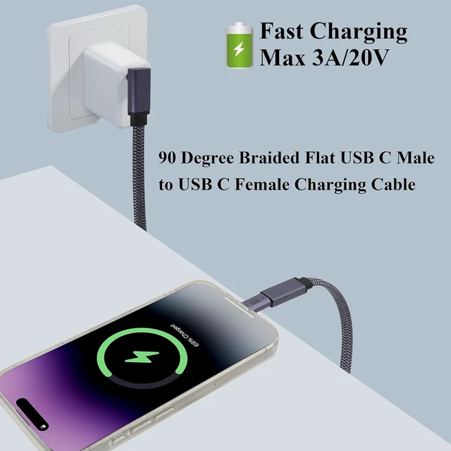 Alt view image 6 of 7 - 2Pack Up&Down Angle Flat Braided USB Type C 3.1 Cable 60W&3A 90 Degree Type C 3.1 USB Male to Female 10Gbps Cable Supports Charging,Data,Audio,Video Cable for Laptop&Mobile Phone.(0.3M-M/F)