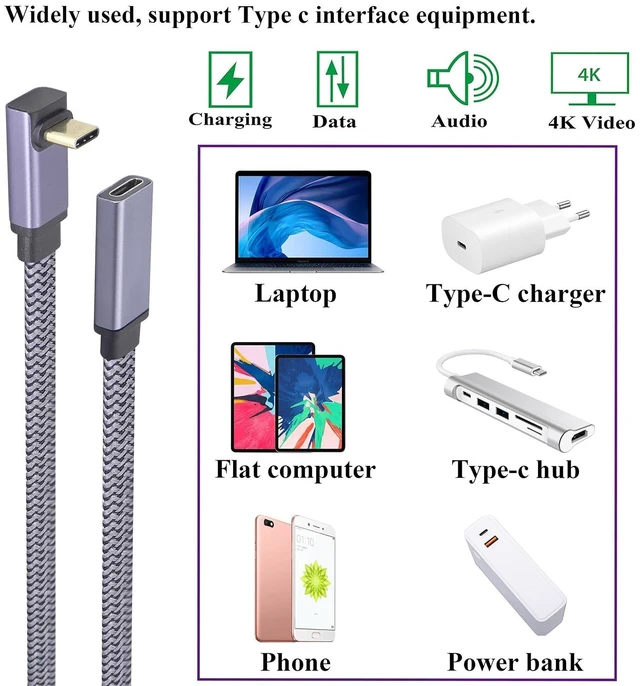 Alt view image 7 of 7 - 2Pack Up&Down Angle USB Type C 3.1 Flat Braided Cable 10Gbps 90 Degree USB C 3.1 Male to USB 3.1 C Female 4K Video Cable for New MacBook Pro 2017, USB-C Hub, Laptop&Mobile Phone(0.6M-M/F)
