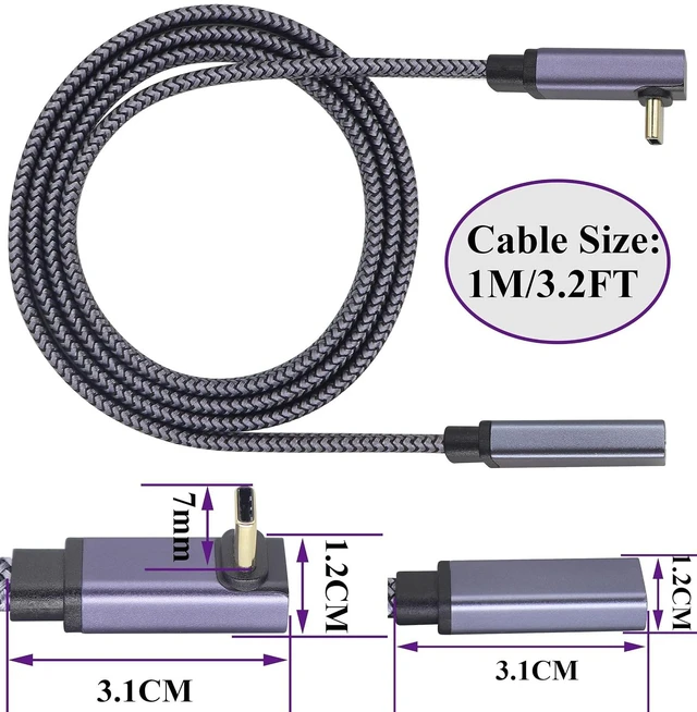Alt view image 2 of 7 - Flat Braided 90 Degree USB Type C 3.1 Connector Cable 60W&3A Up&Down Angle Type C 3.1 USB Male to Female Cable Supports Charging,Data,Audio,Video Cable for Laptop&Tablet&Mobile Phone.(1M-M/F)