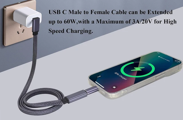 Alt view image 4 of 7 - Flat Braided 90 Degree USB Type C 3.1 Connector Cable 60W&3A Up&Down Angle Type C 3.1 USB Male to Female Cable Supports Charging,Data,Audio,Video Cable for Laptop&Tablet&Mobile Phone.(1M-M/F)