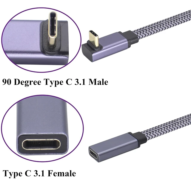 Alt view image 3 of 7 - Flat Braided 90 Degree USB Type C 3.1 Connector Cable 60W&3A Up&Down Angle Type C 3.1 USB Male to Female Cable Supports Charging,Data,Audio,Video Cable for Laptop&Tablet&Mobile Phone.(1M-M/F)