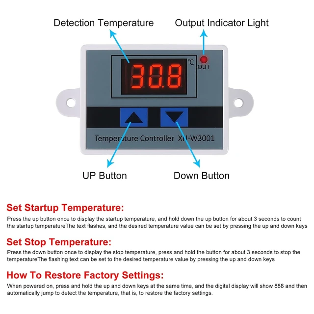 Alt view image 2 of 5 - 2PCS XH-W3001 Digital LED Temperature Controller Module Digital Thermostat Switch with Waterproof Probe Programmable Heating Cooling Electronic Thermostat Range from -50 to 110 (12V 10A 120W)