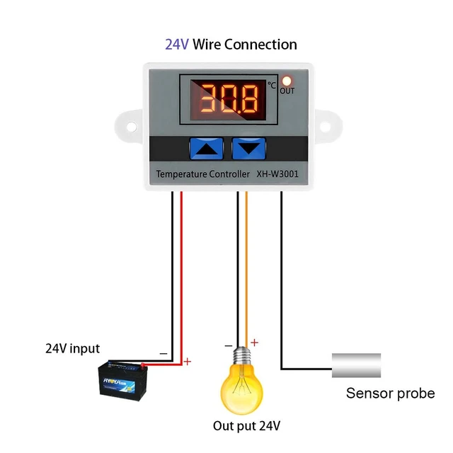 Alt view image 5 of 5 - Digital LED Temperature Controller Module, XH-W3001 Mini Thermostat Switch with Waterproof Sensor Probe, Programmable -50 to 110 Degree Heating Cooling Thermostat( 24V )