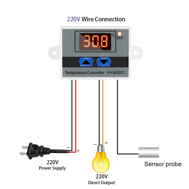 Alt view image 5 of 6 - XH-W3001 Mini Thermostat Switch with Waterproof Sensor Probe Digital LED Temperature Controller Module Programmable -50 to 110 Degree Heating Cooling Thermostat(220V)