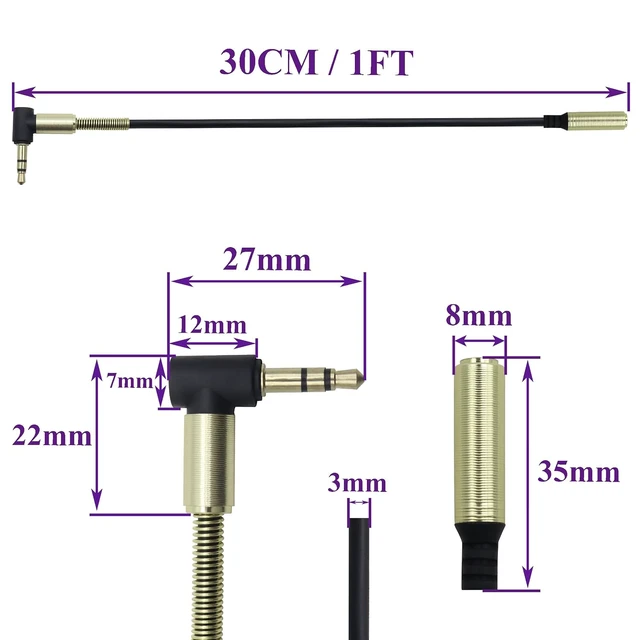 Alt view image 2 of 7 - 2Pack 90Degree 3Pole 3.5mm 1/8 Aux TRS Cord Right Angle 3.5mm TRS Male to Female Stereo Jack Audio Auxiliary Cable for Smart Phones,Tablets,Headphones,MP3,Laptops,Car/Home Stereo(M/F-0.3M)