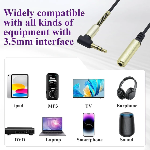 Alt view image 7 of 7 - 2Pack 90Degree 3Pole 3.5mm 1/8 Aux TRS Cord Right Angle 3.5mm TRS Male to Female Stereo Jack Audio Auxiliary Cable for Smart Phones,Tablets,Headphones,MP3,Laptops,Car/Home Stereo(M/F-0.3M)
