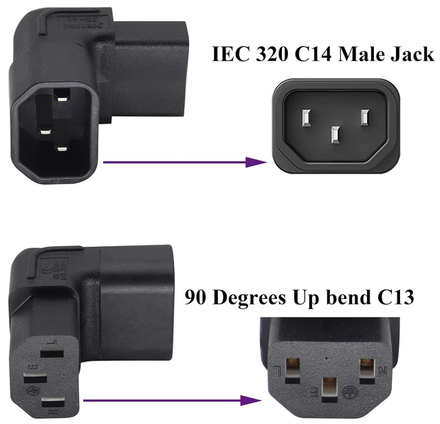 Alt view image 3 of 7 - 90 Degree C13 to C14 AC Powe Adapter, IEC C13 Female to IEC C14 Male PDU 3 Pin Power Socket Extension Converter for Computer LED HDTV Monitor Etc. (2 Pack) (UP Angled)