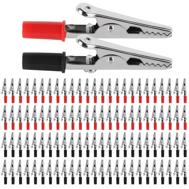 Main image of 100PCS Metal Alligator Clips Electrical Test Clamps with Plastic Hands Kit Alligator Clip Spring Clamps Red and Black or Laboratory Electric Testing (50Red, 50Black)