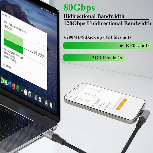 Alt view image 5 of 7 - Thunderbolt 5 Cable, USB-C Male Bidirectional Data Speed 80Gb/s Cable PD 240W Fast Charging,16K Dual 8K Triple 4K Monitor,Compatible with Monitors,Laptops,Tablets,Mobile Phones.(1.5M/4.9Ft)