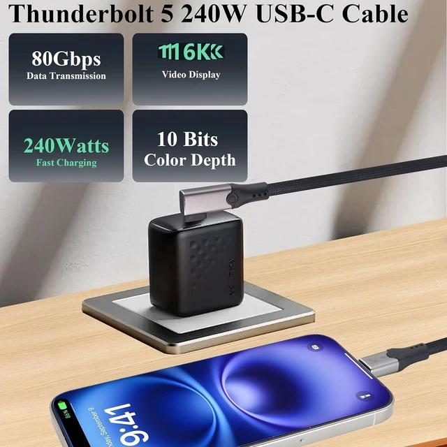 Alt view image 4 of 7 - Thunderbolt 5 Cable, USB-C Male Bidirectional Data Speed 80Gb/s Cable PD 240W Fast Charging,16K Dual 8K Triple 4K Monitor,Compatible with Monitors,Laptops,Tablets,Mobile Phones.(1.5M/4.9Ft)