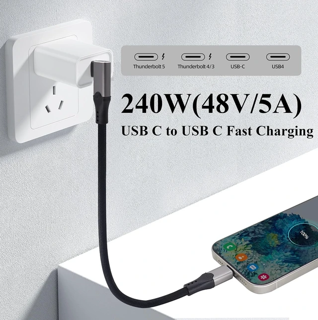 Alt view image 4 of 7 - 90 Degree Right Angle USB C Male Cable Short USB4 PD 240W Charging Data Transfer 80Gbps,160K/60HZ Video Display,Compatible with Samsung Galaxy,Thunderbolt 5/4/3,Ma Book/1Pad Series.(0.3M/1FT)