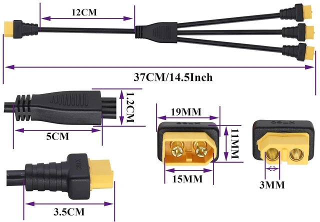 Alt view image 2 of 7 - XT60 Y Splitter Cable, 37cm/1M to 3F, 14AWG, 10A, 12-24V, Compatible with Solar Panels, Generators, Drones, RVs, Ships