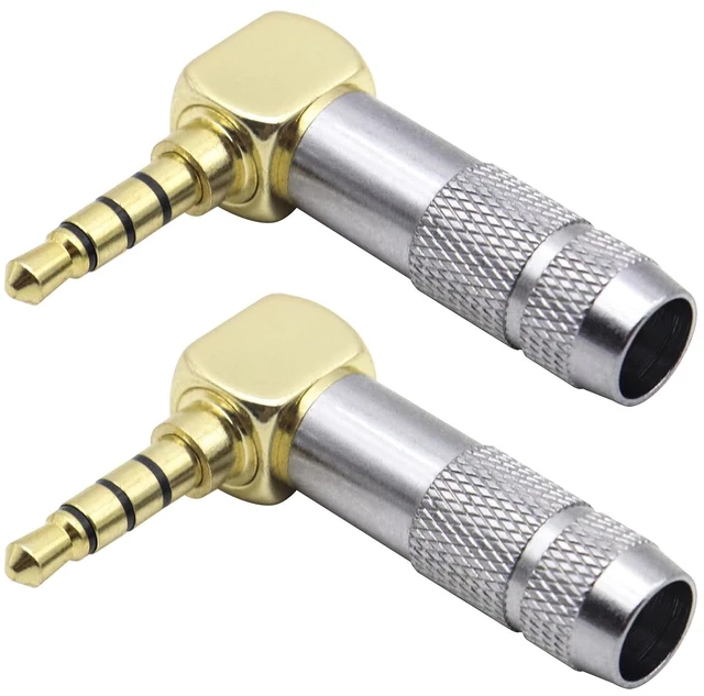 Main image of Right Angle 3.5mm 1/8" TRRS Stereo Plug DIY AUX Connecor 90 Degree 4Pole 3.5mm Male DIY Solder Headphone Audio Cable Connector 1/8" Heavy Duty Repair Replacement Solder Adapter(4Pole/2Pack)