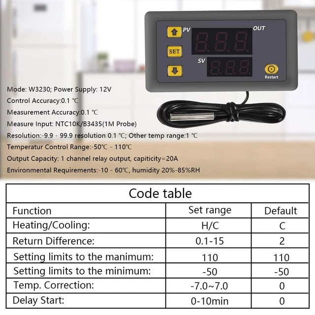 Alt view image 2 of 5 - Digital Temperature Controller, W3230 AC110-220V LED Digital Temperature Controller Thermostat Switch Sensor Meter(220V)