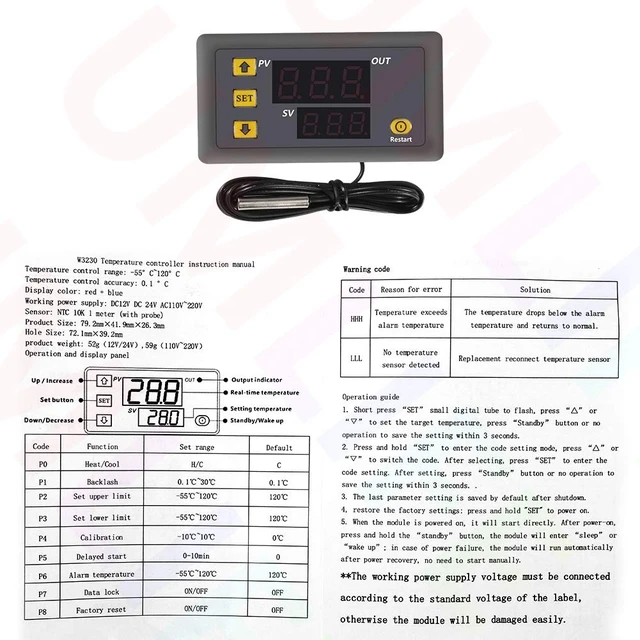 Alt view image 5 of 5 - Digital Temperature Controller, W3230 AC110-220V LED Digital Temperature Controller Thermostat Switch Sensor Meter(220V)