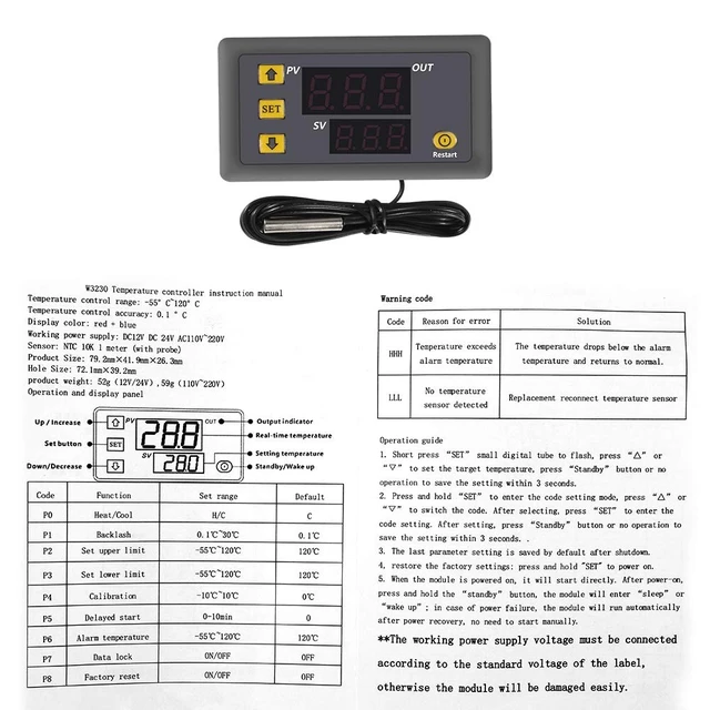Alt view image 5 of 5 - 1PCS W3230 DC24V Probe line 20A Digital Temperature Control LED Display Thermostat with Heat/Cooling Control Instrument