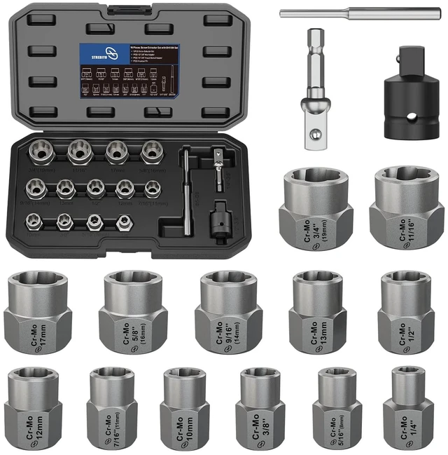 Main image of Bolt Extractor Kit, 16PCS Cr-Mo Steel Bolt Extractor Scoket Set