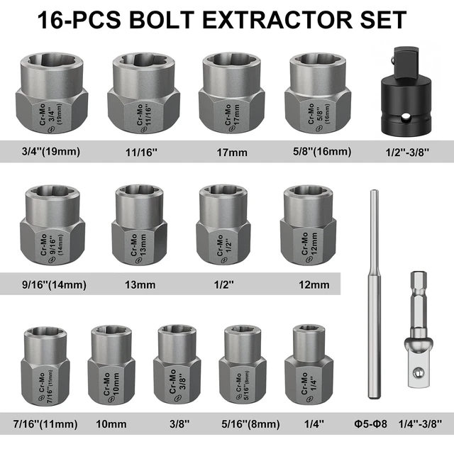 Alt view image 2 of 7 - Bolt Extractor Kit, 16PCS Cr-Mo Steel Bolt Extractor Scoket Set