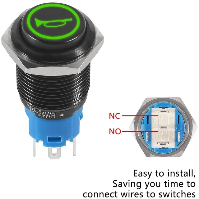 Alt view image 4 of 7 - 2PACK Horn Button Switch 12 Volt Momentary Push Button Switch 12V Horn Switch Speaker LED Stainless Steel 16mm Metal Switch for Car Modification -Green
