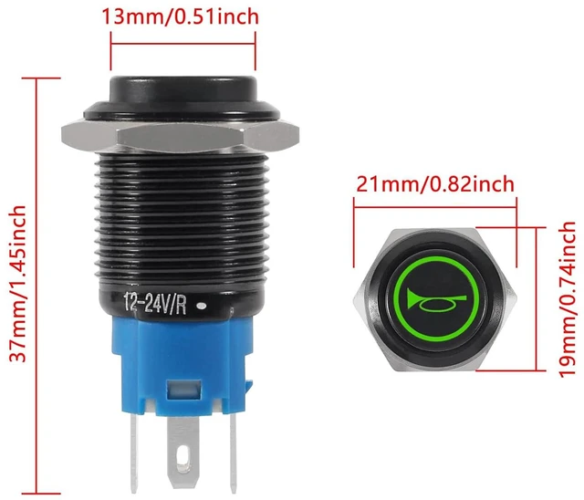 Alt view image 3 of 7 - 2PACK Horn Button Switch 12 Volt Momentary Push Button Switch 12V Horn Switch Speaker LED Stainless Steel 16mm Metal Switch for Car Modification -Green