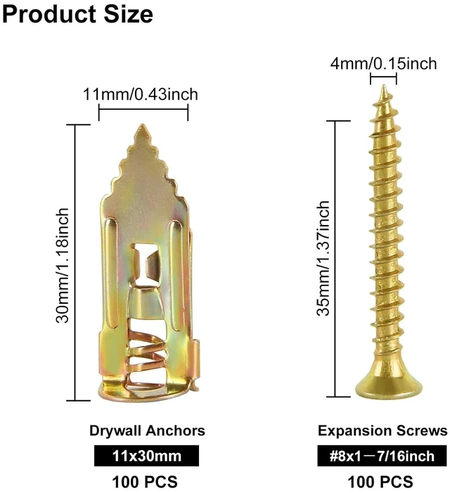 Alt view image 3 of 7 - 200 Pcs Self Drilling Drywall Anchors with Screws Kit,100PCS Sheetrock Anchors (0.47X1.18inch) and 100 PCS Screws for TV, Shelf, Decor, Picture Frame Wall Mounting